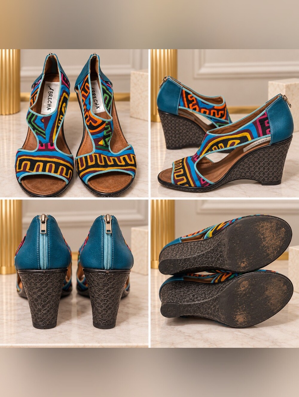 Brecha Handmade Multicolor Art Wedge Sandals – Size 8